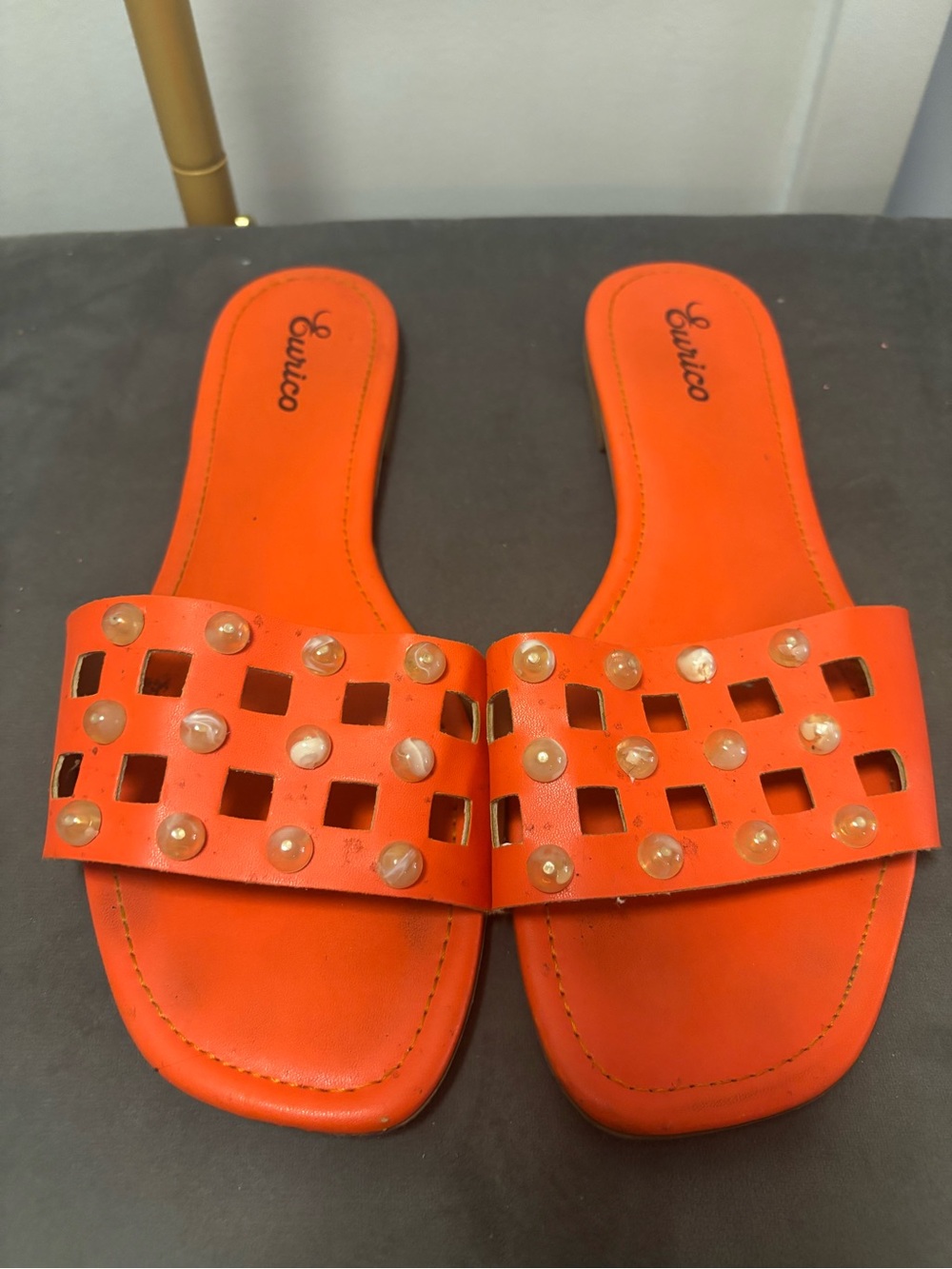Orange Studded Slide Sandals - Women
